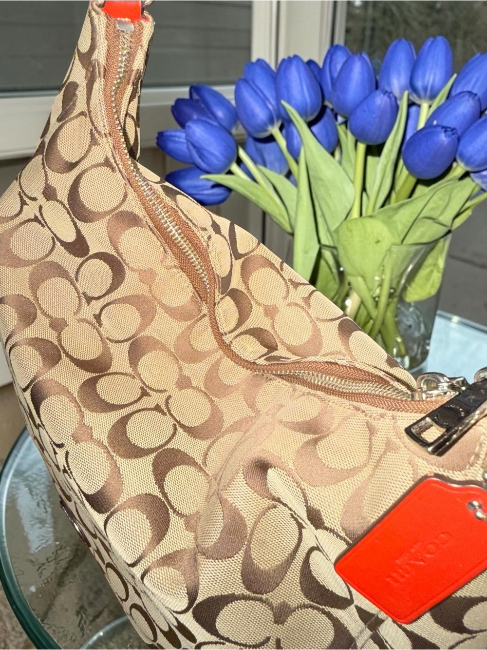 Coach Brown Signature Canvas Hobo with Red Leather Handle and Tag - Picture 13 of 15